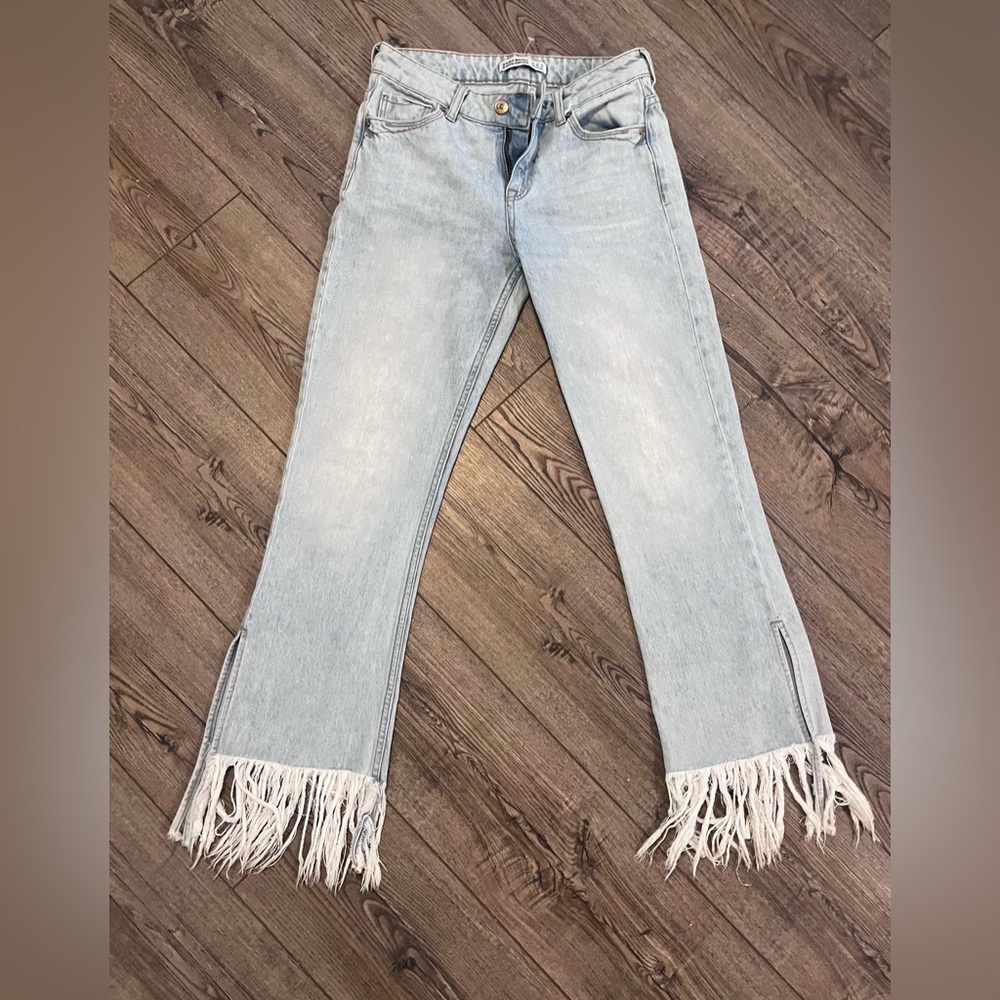 Zara Whitewash Basic Denim Side Split Fringe Jean… - image 2